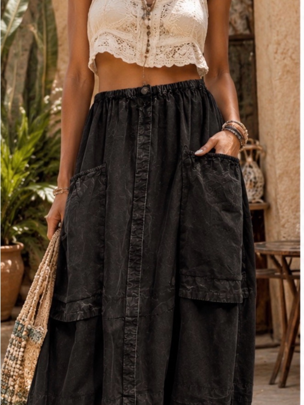 Free People Getti Cargo Bubble Midi Skirt Washed Black Utility Boho Sz XS NWT - Picture 2 of 4